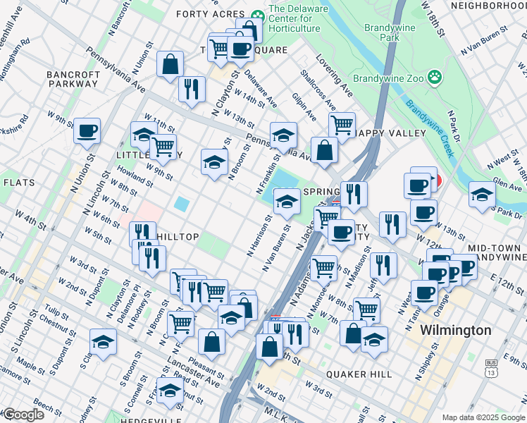 map of restaurants, bars, coffee shops, grocery stores, and more near 1106 West 10th Street in Wilmington