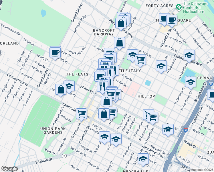 map of restaurants, bars, coffee shops, grocery stores, and more near 603 North Lincoln Street in Wilmington