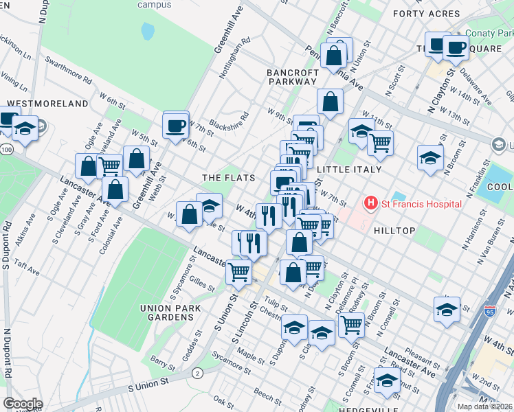 map of restaurants, bars, coffee shops, grocery stores, and more near 2 Servan Court in Wilmington