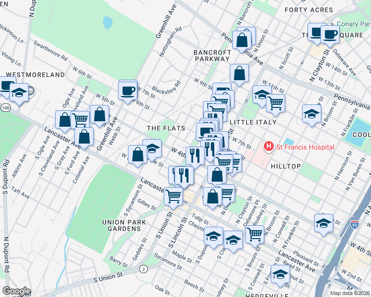 map of restaurants, bars, coffee shops, grocery stores, and more near 2 Servan Court in Wilmington