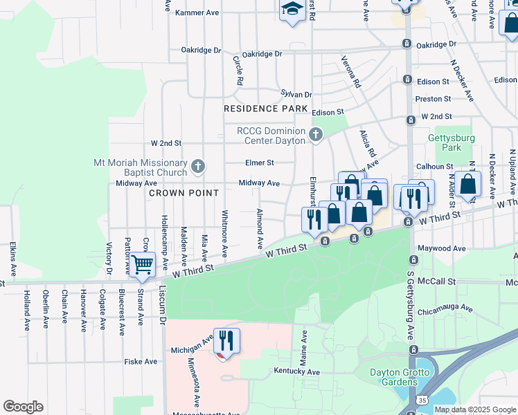 map of restaurants, bars, coffee shops, grocery stores, and more near 4602 Cummings Court in Dayton