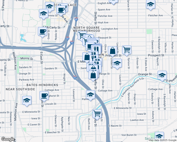 map of restaurants, bars, coffee shops, grocery stores, and more near 1260 Shelby Street in Indianapolis