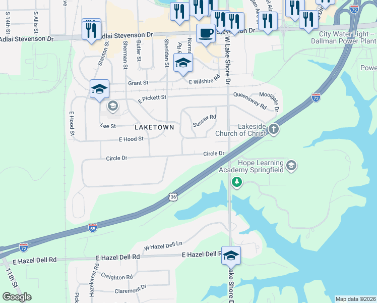 map of restaurants, bars, coffee shops, grocery stores, and more near 101-107 Circle Drive in Springfield