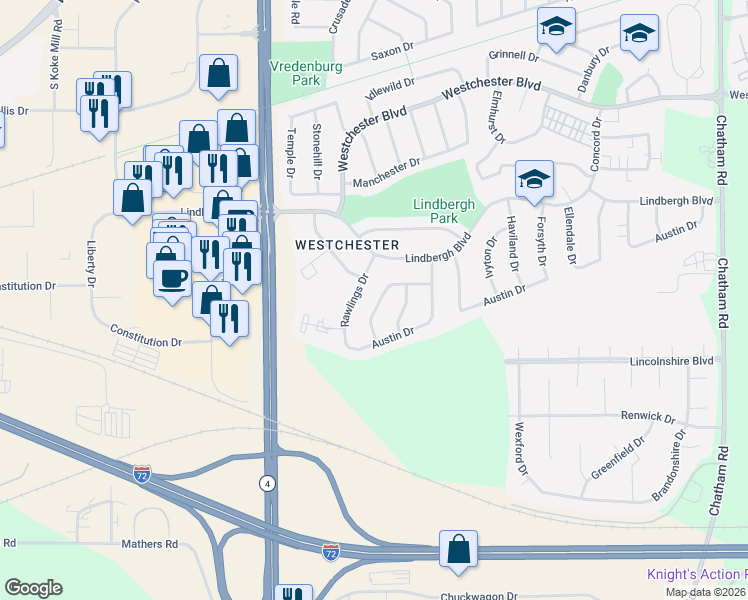 map of restaurants, bars, coffee shops, grocery stores, and more near 3313-3317 Branchwood Drive in Springfield