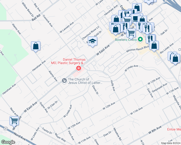 map of restaurants, bars, coffee shops, grocery stores, and more near 2411 Holly Avenue in Chico