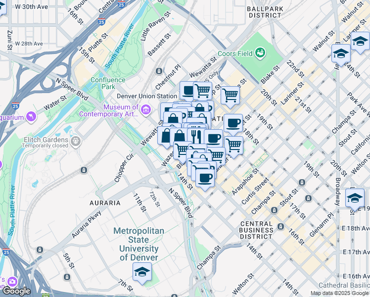 map of restaurants, bars, coffee shops, grocery stores, and more near 1521 15th Street in Denver