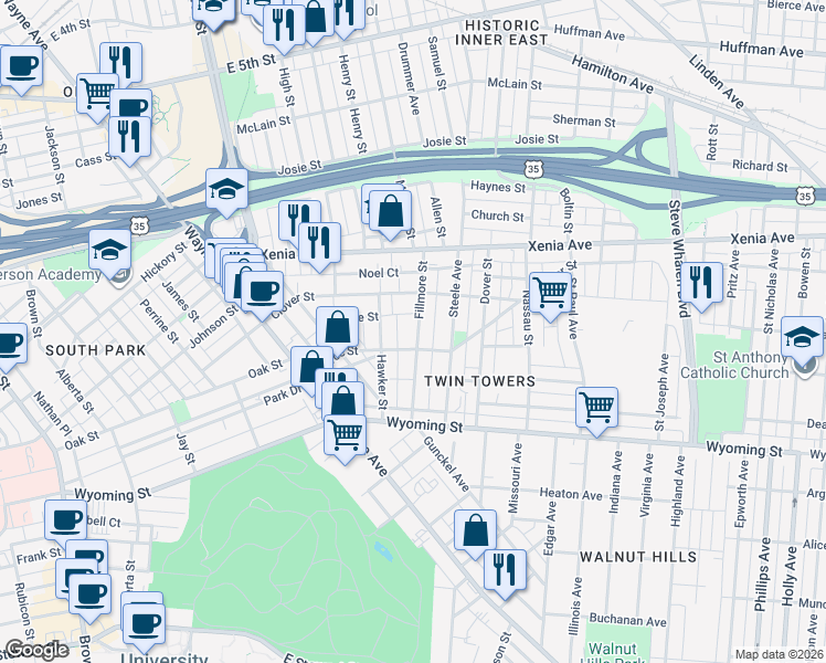 map of restaurants, bars, coffee shops, grocery stores, and more near 149 Fillmore Street in Dayton