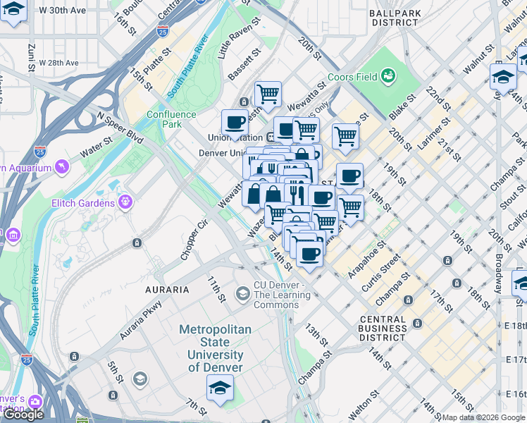 map of restaurants, bars, coffee shops, grocery stores, and more near 1450 Wazee Street in Denver