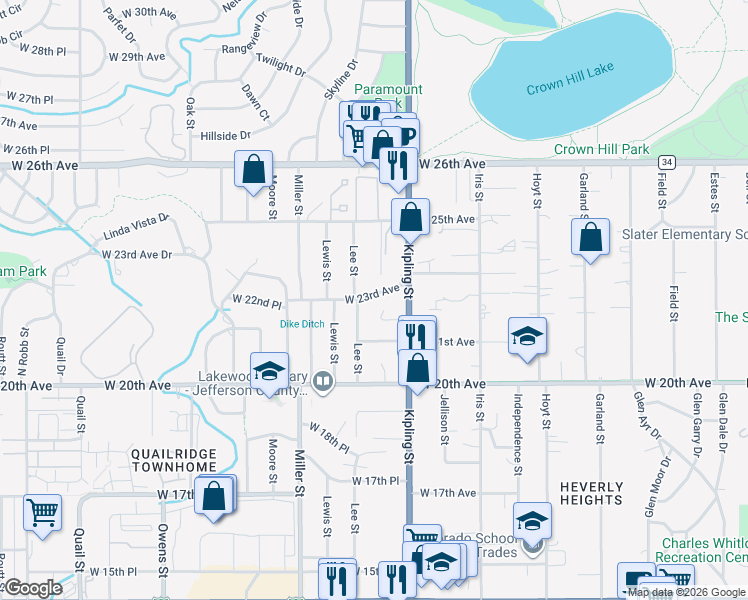 map of restaurants, bars, coffee shops, grocery stores, and more near 10130 West 23rd Avenue in Lakewood