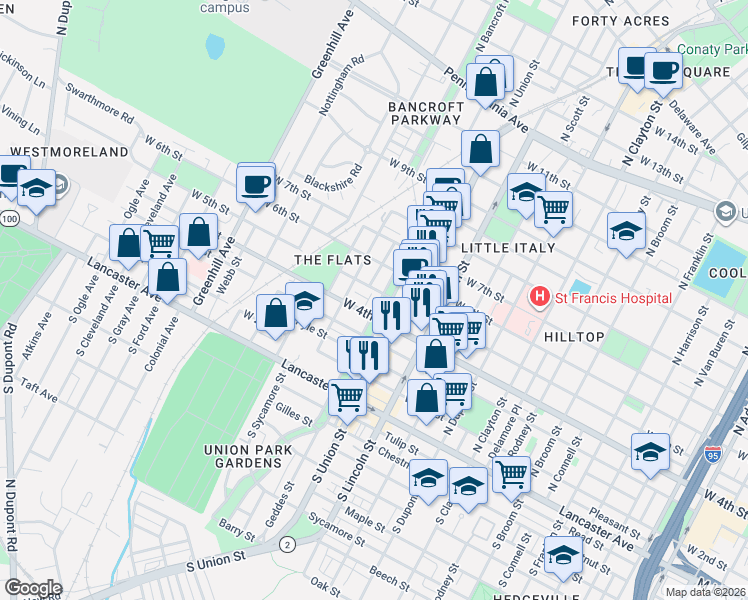 map of restaurants, bars, coffee shops, grocery stores, and more near 2 Servan Court in Wilmington