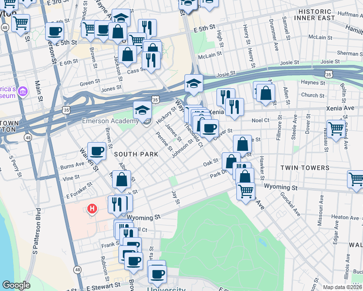 map of restaurants, bars, coffee shops, grocery stores, and more near 230 Johnson Street in Dayton