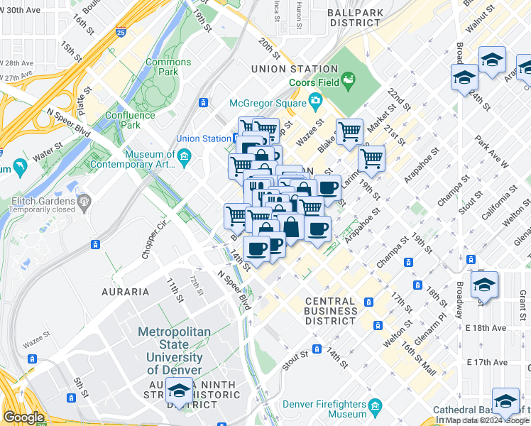 map of restaurants, bars, coffee shops, grocery stores, and more near 1560 Blake Street in Denver