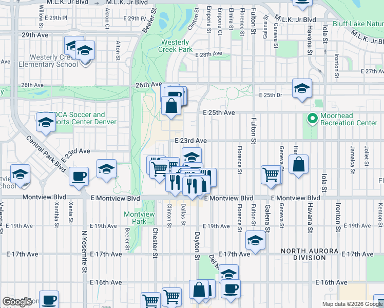 map of restaurants, bars, coffee shops, grocery stores, and more near 2255 Dayton Street in Aurora
