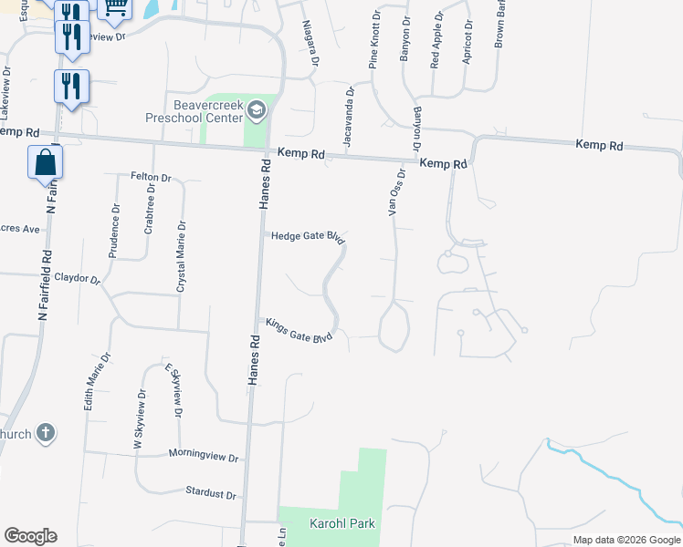 map of restaurants, bars, coffee shops, grocery stores, and more near 2112 Hedge Gate Boulevard in Beavercreek