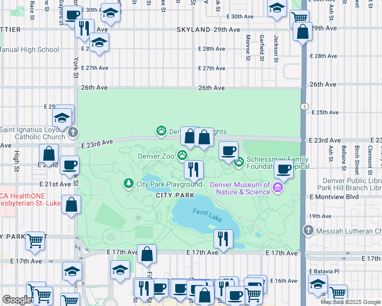 map of restaurants, bars, coffee shops, grocery stores, and more near 2300 Steele Street in Denver