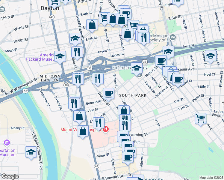 map of restaurants, bars, coffee shops, grocery stores, and more near 217 Burns Avenue in Dayton