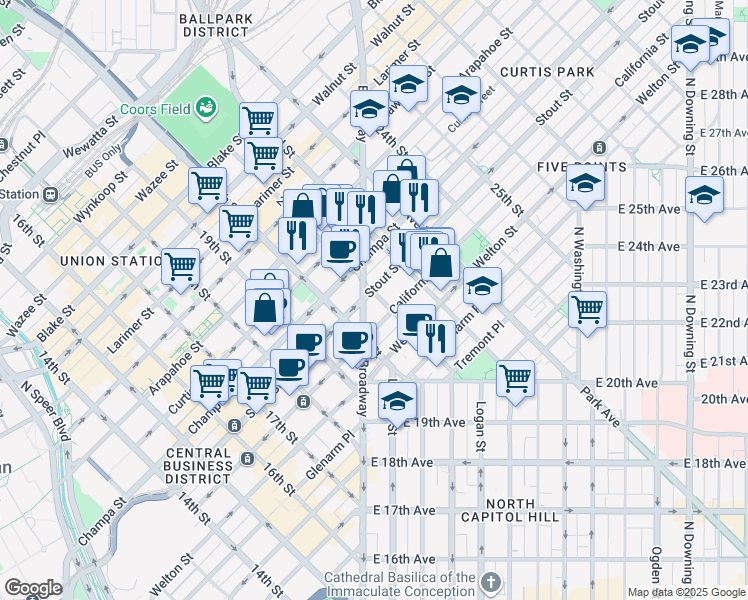 map of restaurants, bars, coffee shops, grocery stores, and more near 2131 California Street in Denver