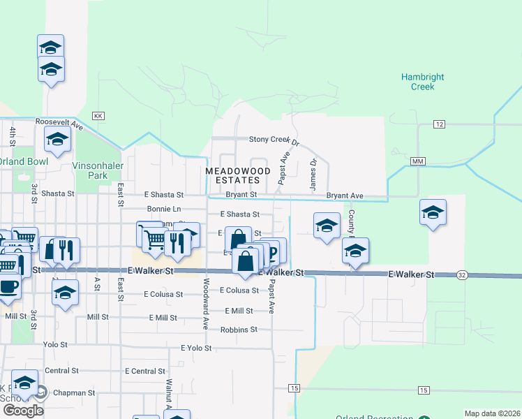 map of restaurants, bars, coffee shops, grocery stores, and more near 246 East Shasta Street in Orland