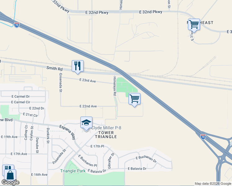 map of restaurants, bars, coffee shops, grocery stores, and more near 19600 Himalaya Road in Aurora