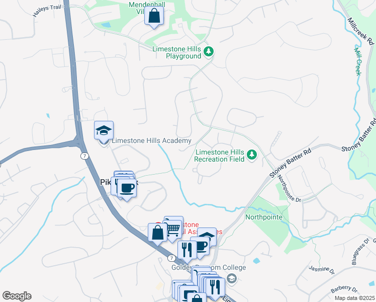 map of restaurants, bars, coffee shops, grocery stores, and more near 202 West Longspur Drive in Wilmington