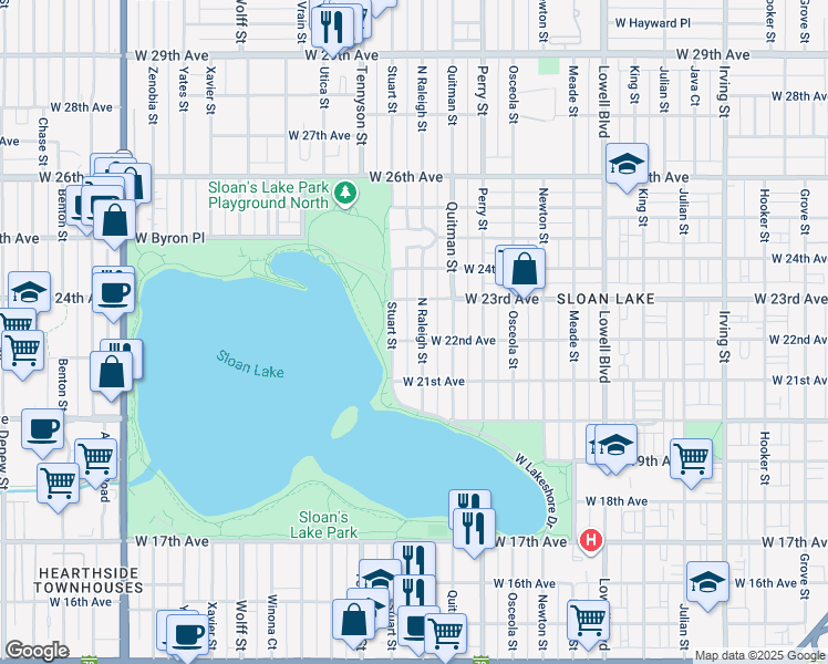 map of restaurants, bars, coffee shops, grocery stores, and more near 2201 Raleigh Street in Denver