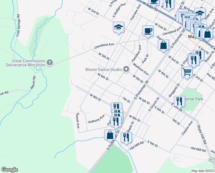 map of restaurants, bars, coffee shops, grocery stores, and more near 504 Hamilton Avenue in Waynesboro