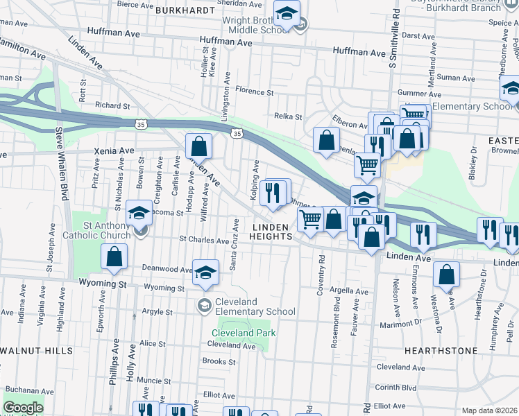 map of restaurants, bars, coffee shops, grocery stores, and more near 1300 Linden Avenue in Dayton