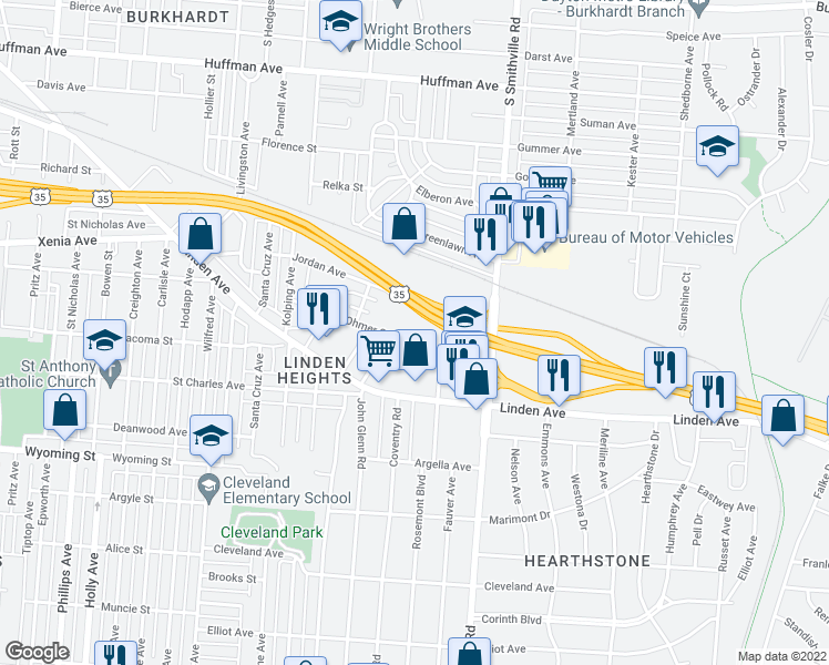 map of restaurants, bars, coffee shops, grocery stores, and more near 1523 Ohmer Street in Dayton