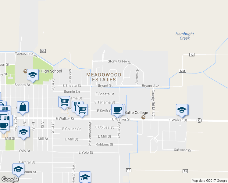map of restaurants, bars, coffee shops, grocery stores, and more near 246 East Shasta Street in Orland
