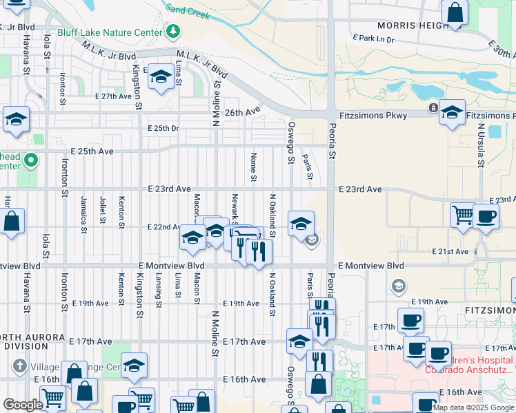 map of restaurants, bars, coffee shops, grocery stores, and more near 2250 Nome Street in Aurora
