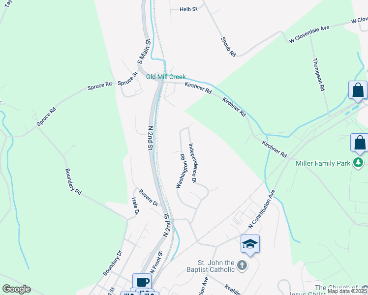 map of restaurants, bars, coffee shops, grocery stores, and more near 34 Washington Road in New Freedom