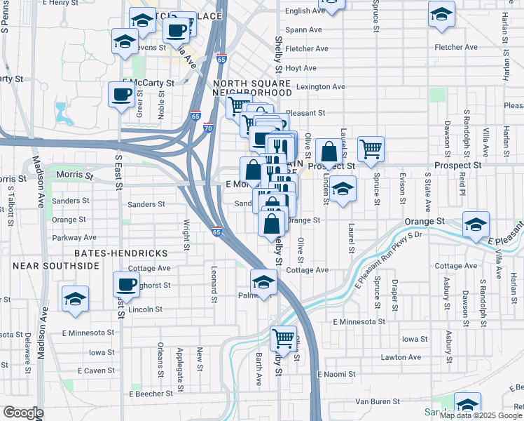 map of restaurants, bars, coffee shops, grocery stores, and more near 1234 Barth Avenue in Indianapolis