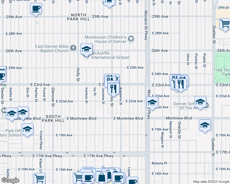 map of restaurants, bars, coffee shops, grocery stores, and more near 2250 Kearney Street in Denver