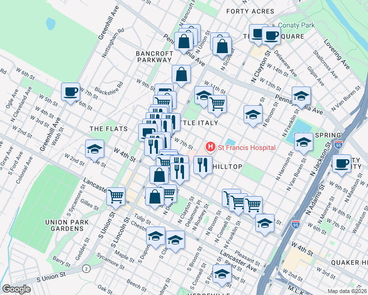 map of restaurants, bars, coffee shops, grocery stores, and more near in Wilmington