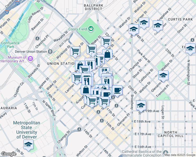 map of restaurants, bars, coffee shops, grocery stores, and more near 1801 Arapahoe Street in Denver