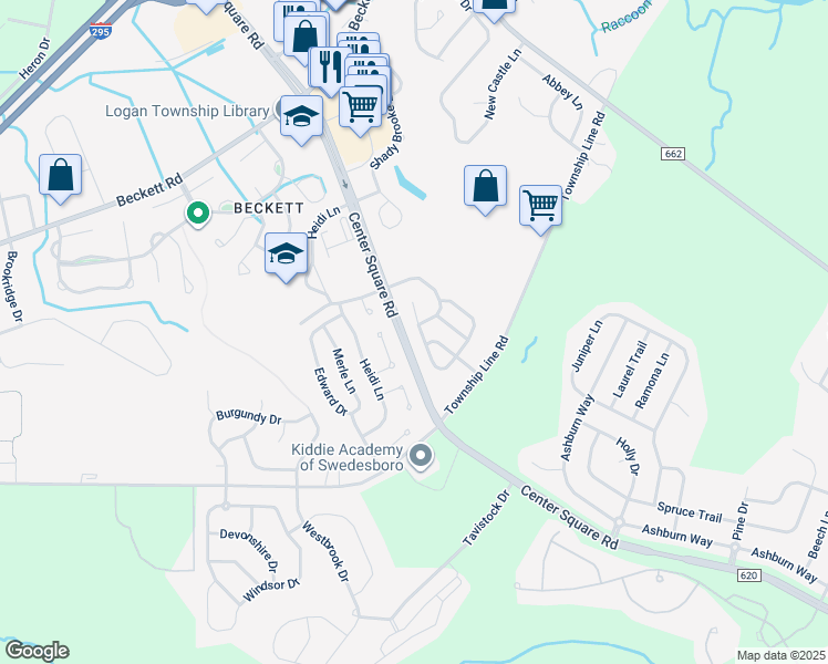 map of restaurants, bars, coffee shops, grocery stores, and more near 254 Sussex Road in Logan Township