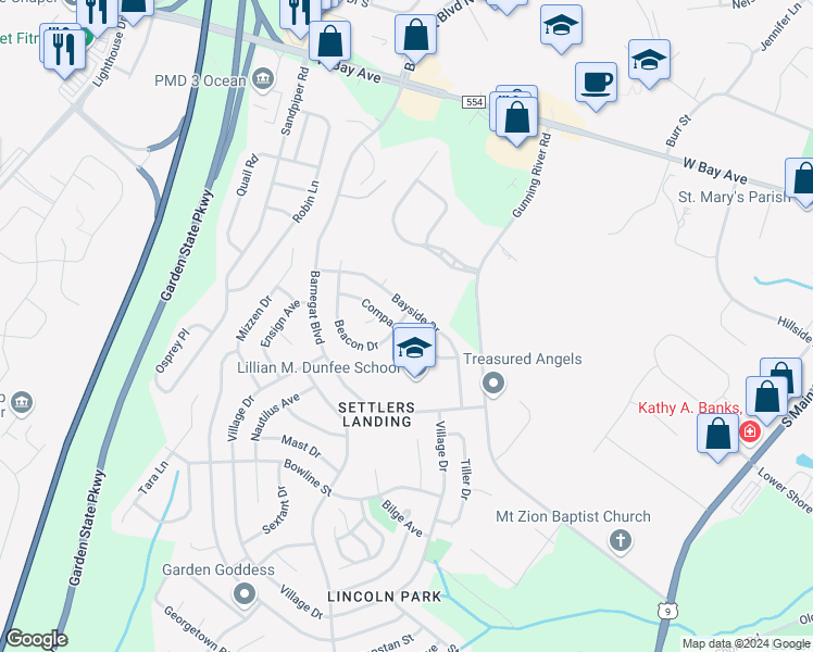 map of restaurants, bars, coffee shops, grocery stores, and more near 24 Compass Lane in Barnegat Township