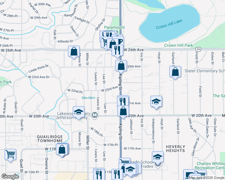 map of restaurants, bars, coffee shops, grocery stores, and more near 10130 West 23rd Avenue in Lakewood