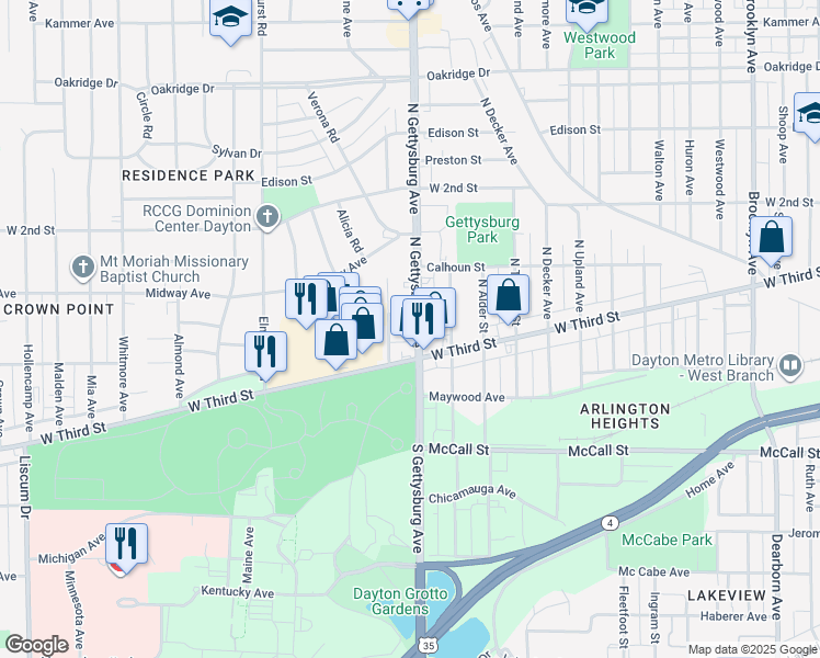 map of restaurants, bars, coffee shops, grocery stores, and more near 27 North Gettysburg Avenue in Dayton