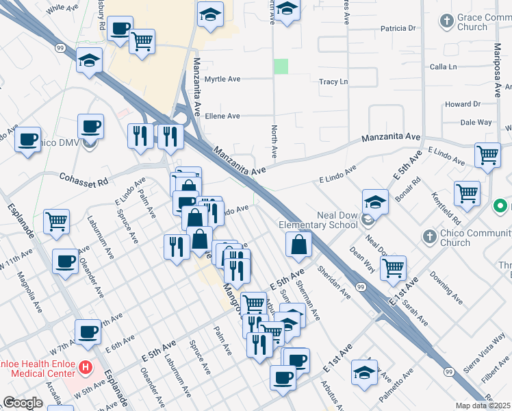 map of restaurants, bars, coffee shops, grocery stores, and more near East Lindo Avenue & Sheridan Avenue in Chico