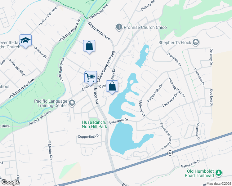 map of restaurants, bars, coffee shops, grocery stores, and more near 2571 California Park Drive in Chico