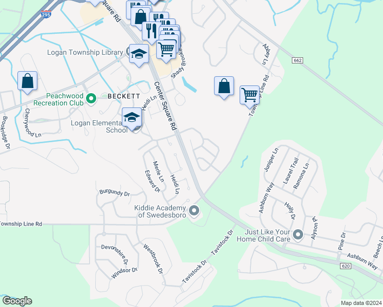 map of restaurants, bars, coffee shops, grocery stores, and more near 254 Sussex Road in Logan Township