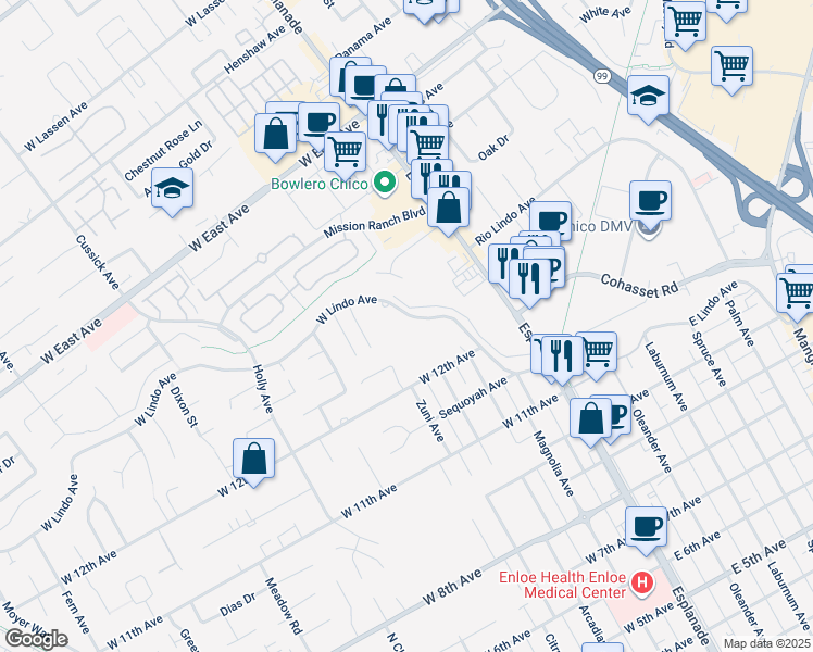 map of restaurants, bars, coffee shops, grocery stores, and more near 325 West Lindo Avenue in Chico