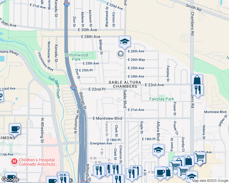 map of restaurants, bars, coffee shops, grocery stores, and more near 14322 East 22nd Place in Aurora
