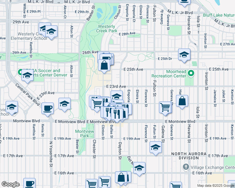 map of restaurants, bars, coffee shops, grocery stores, and more near 2201 Dayton Street in Aurora