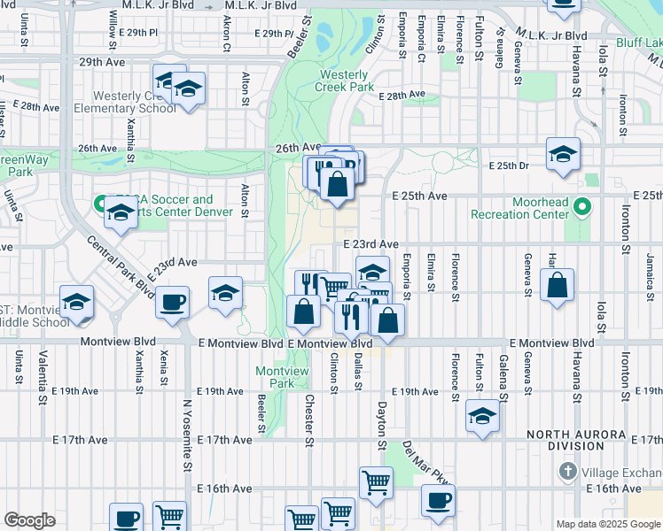 map of restaurants, bars, coffee shops, grocery stores, and more near 9591 East 22nd Avenue in Aurora