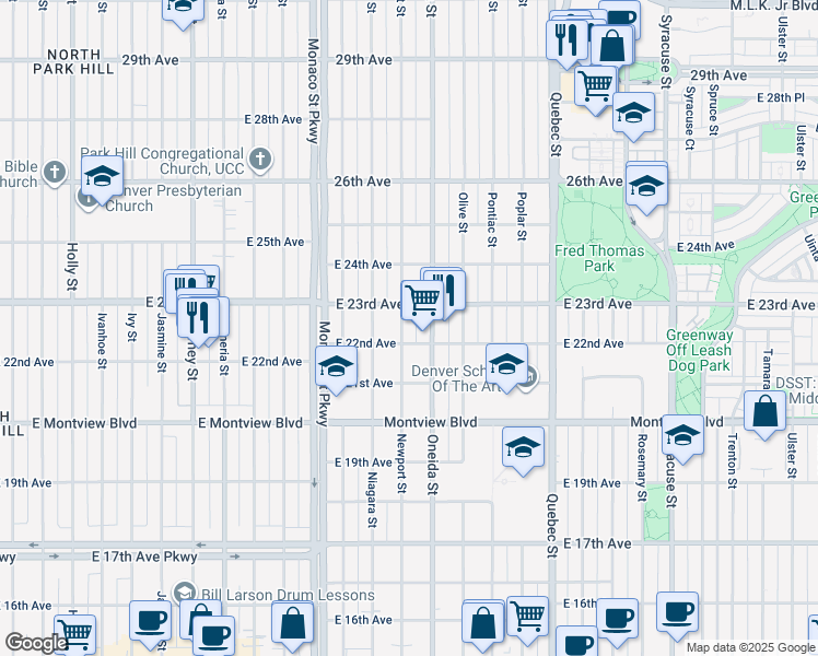 map of restaurants, bars, coffee shops, grocery stores, and more near 2201 Oneida Street in Denver