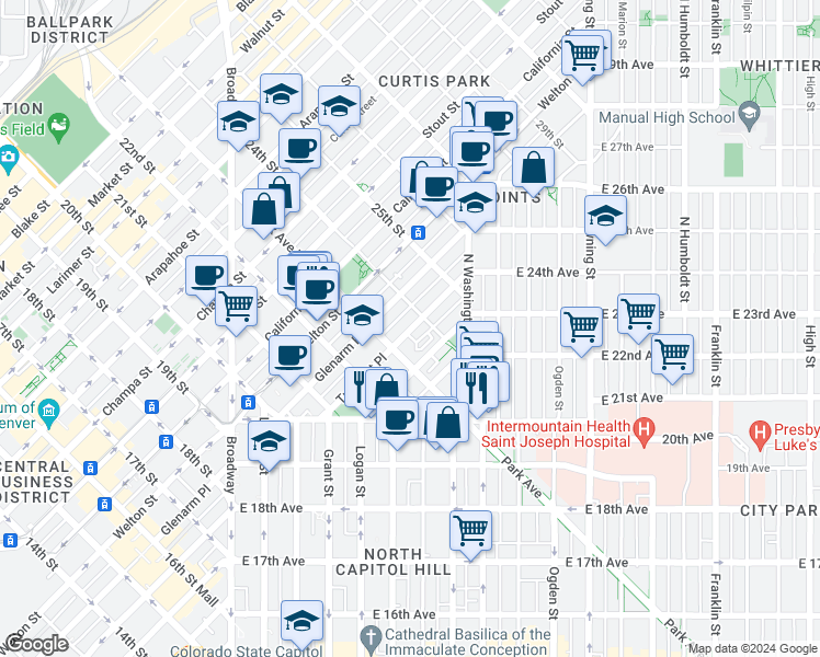 map of restaurants, bars, coffee shops, grocery stores, and more near 2333 Tremont Place in Denver