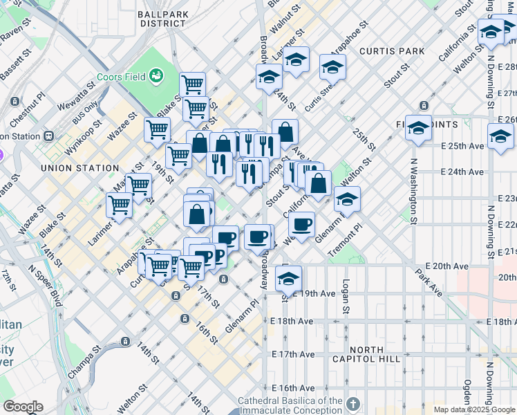map of restaurants, bars, coffee shops, grocery stores, and more near 2019 Stout Street in Denver