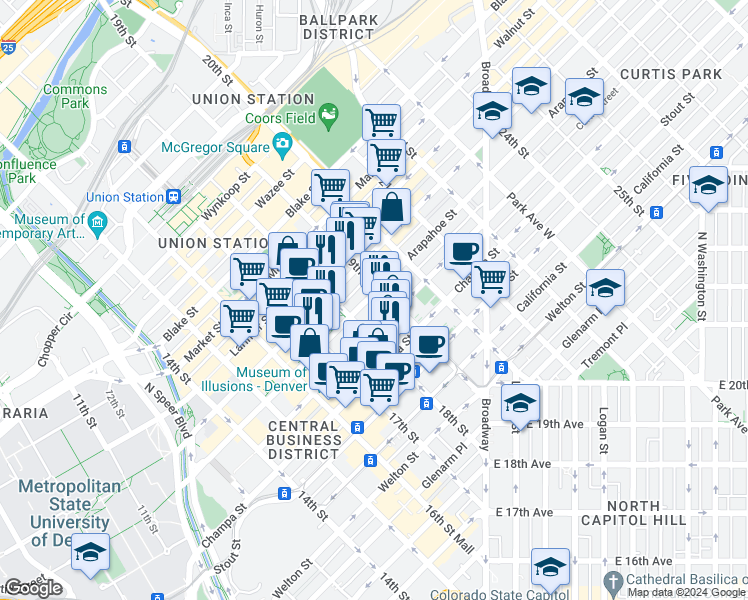 map of restaurants, bars, coffee shops, grocery stores, and more near 1899-1801 Arapahoe Street in Denver